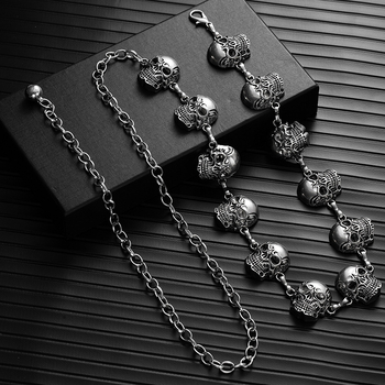 Lanț de talie metalic reglabil cu craniu, stil Hip Hop, curea cu bucle duble, lungime 60–80 cm, lățime sub 2 cm