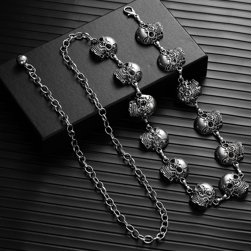 Lanț de talie metalic reglabil cu craniu, stil Hip Hop, curea cu bucle duble, lungime 60–80 cm, lățime sub 2 cm