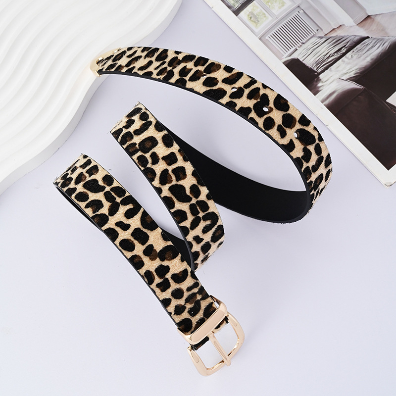 Női PU öv leopárd mintával, ötvözet csattal, tűcsattal, szélesség 2-4 cm, elektroplatált felület