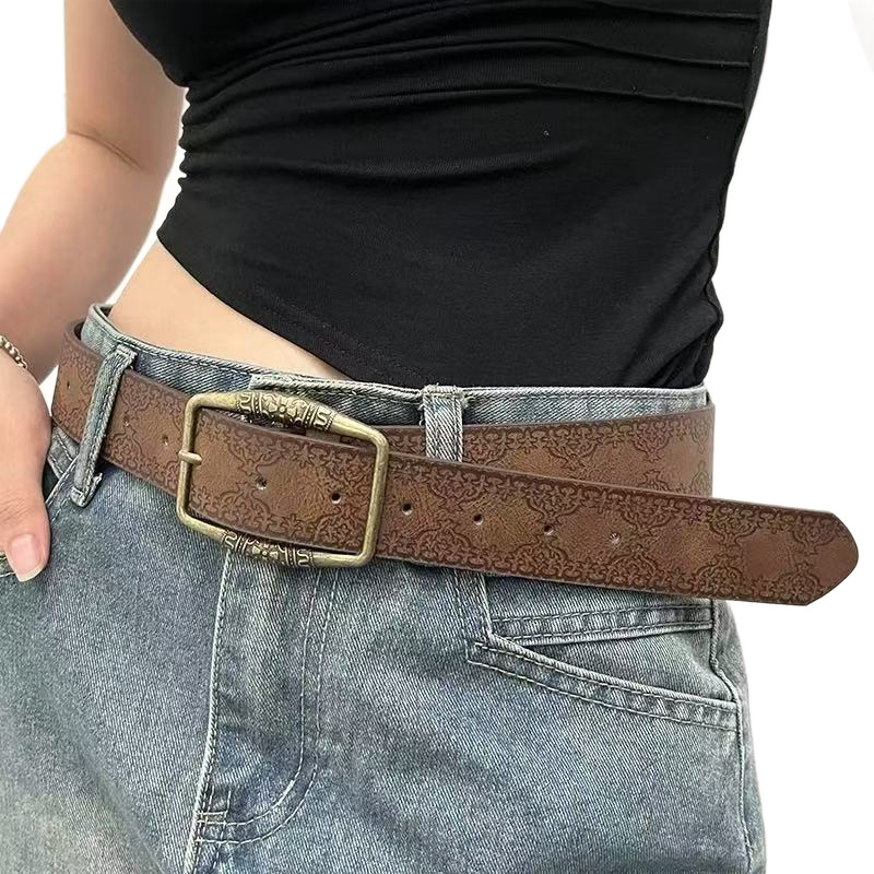 Pojas od PU kože s kopčom od legure, zatvaranje iglom, vintage britansko/francusko retro stil, reljefni antik završetak
