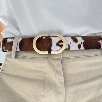 Curea de damă cu model păr de cal și imprimeu de vită, material PU, cataramă din aliaj, închidere cu pin, lățime 2-4 cm, finisaj flok