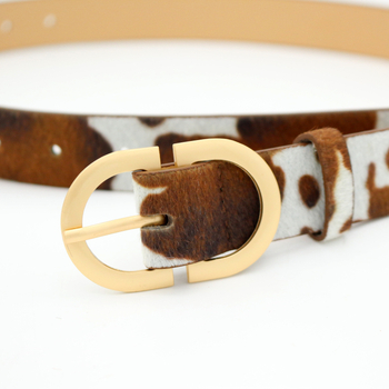 Curea de damă cu model păr de cal și imprimeu de vită, material PU, cataramă din aliaj, închidere cu pin, lățime 2-4 cm, finisaj flok