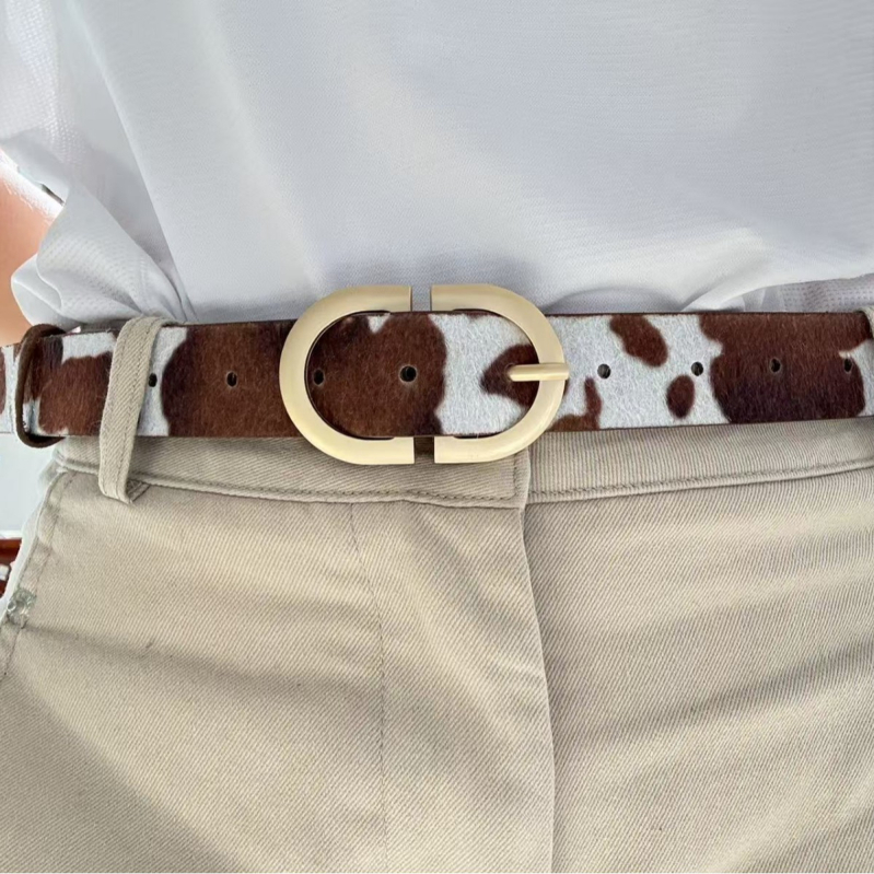 Curea de damă cu model păr de cal și imprimeu de vită, material PU, cataramă din aliaj, închidere cu pin, lățime 2-4 cm, finisaj flok