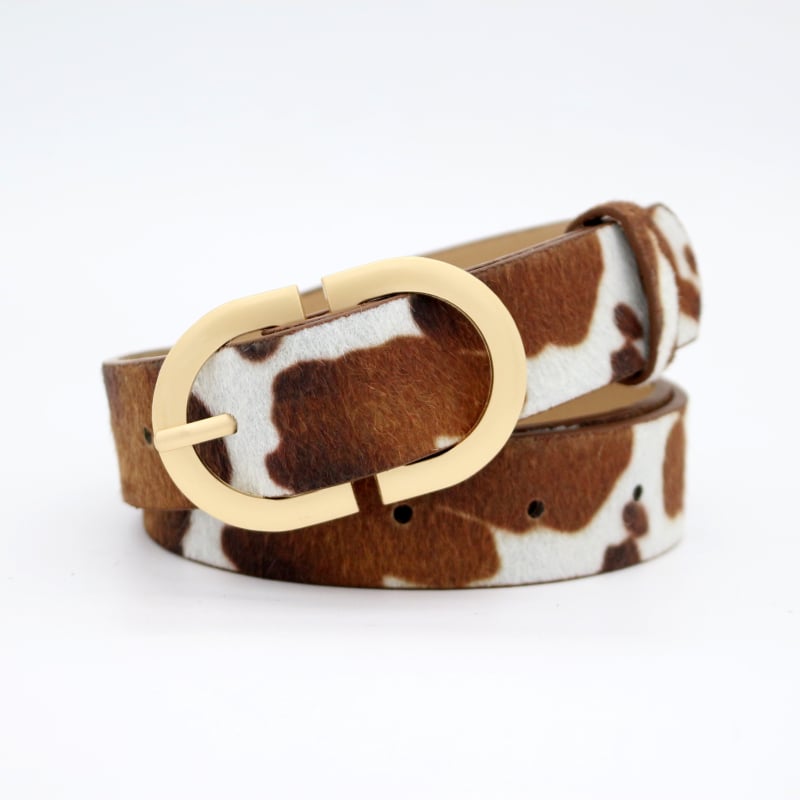 Curea de damă cu model păr de cal și imprimeu de vită, material PU, cataramă din aliaj, închidere cu pin, lățime 2-4 cm, finisaj flok