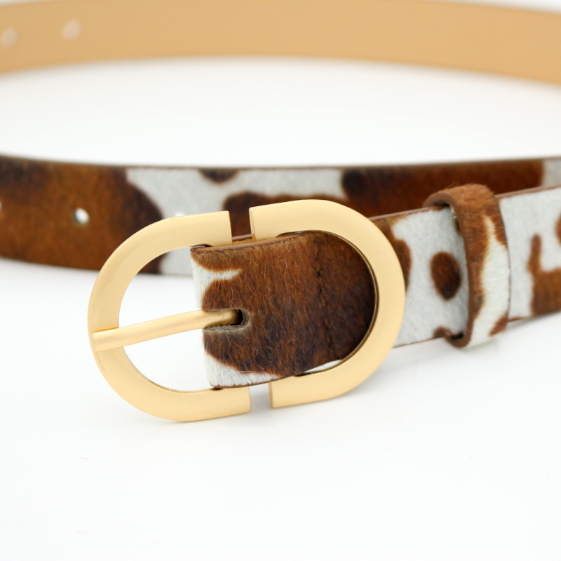 Curea de damă cu model păr de cal și imprimeu de vită, material PU, cataramă din aliaj, închidere cu pin, lățime 2-4 cm, finisaj flok