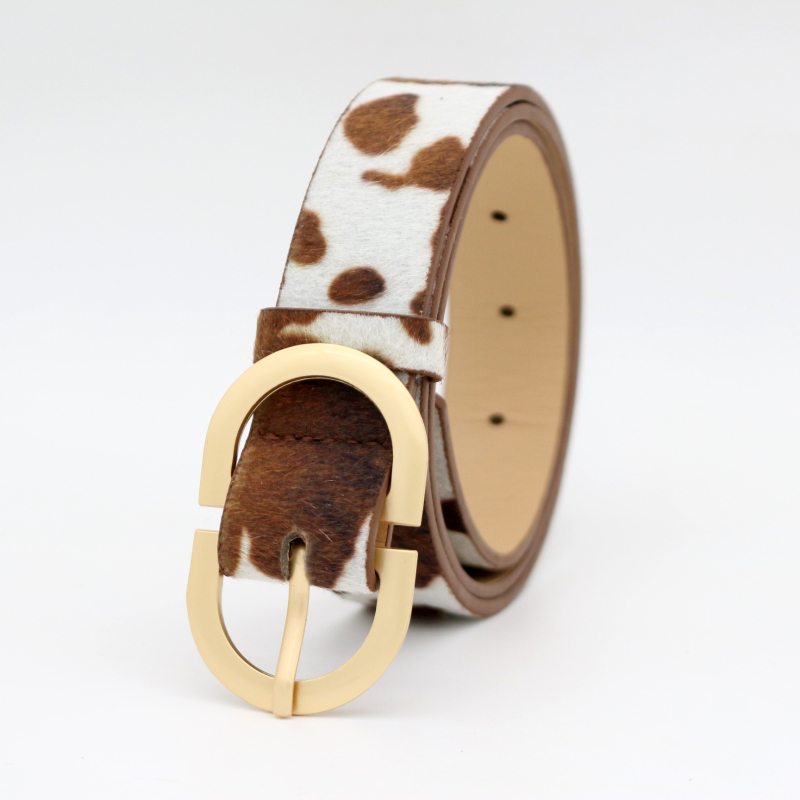 Curea de damă cu model păr de cal și imprimeu de vită, material PU, cataramă din aliaj, închidere cu pin, lățime 2-4 cm, finisaj flok