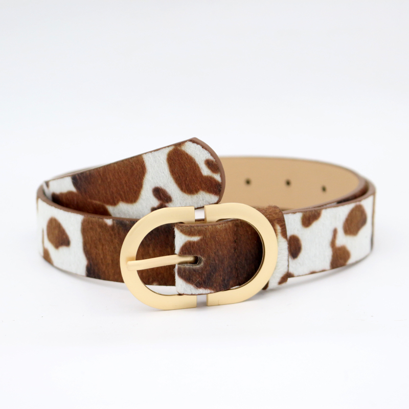 Curea de damă cu model păr de cal și imprimeu de vită, material PU, cataramă din aliaj, închidere cu pin, lățime 2-4 cm, finisaj flok