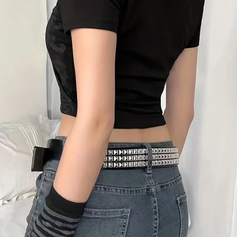 Curea pentru jeanși cu stil retro punk, din piele artificială, cataramă din fier, închidere cu cui, lățime 2–4 cm, decor cu mărgele