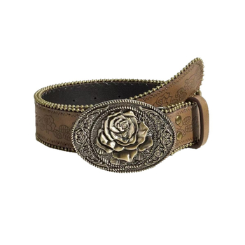 Zuoyang Jewelry Curea pentru femei din piele artificială, cataramă din aliaj, închidere cu pin, motiv floare metalică, lățime 2–4 cm