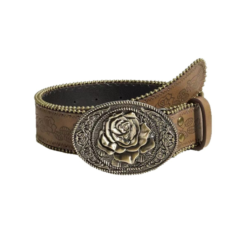 Zuoyang Jewelry Curea pentru femei din piele artificială, cataramă din aliaj, închidere cu pin, motiv floare metalică, lățime 2–4 cm