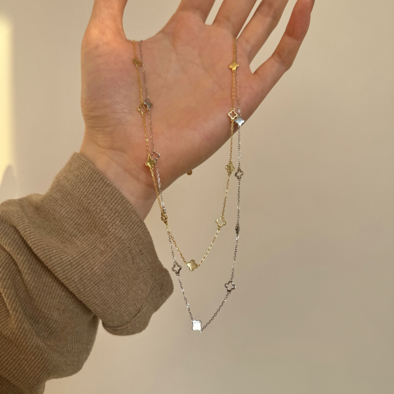 Colier din argint S925 cu trifoi cu patru foi decupat, finisaj lucios, lanț în formă de O