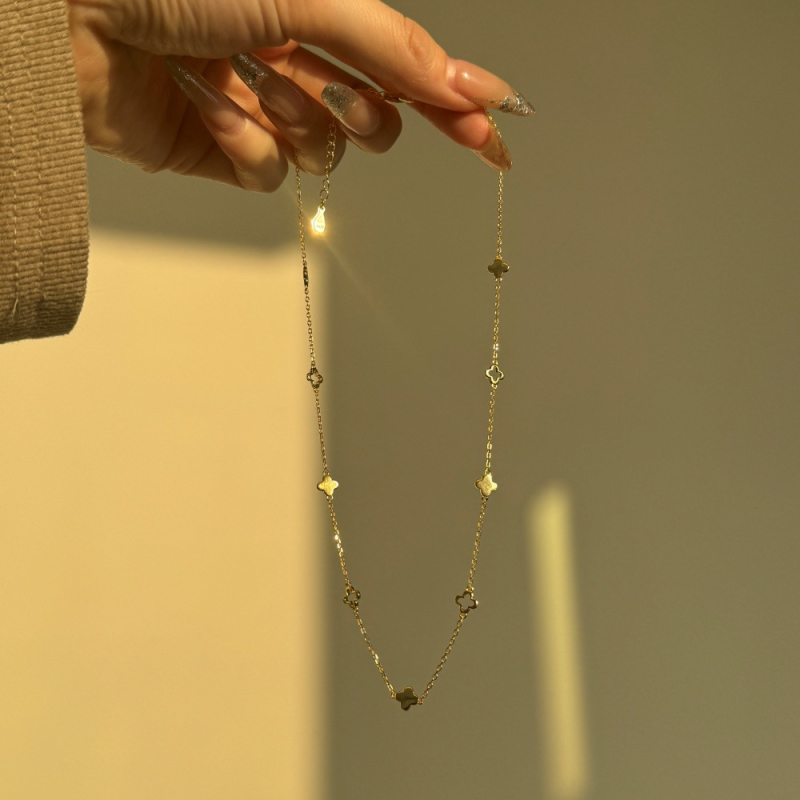 Colier din argint S925 cu trifoi cu patru foi decupat, finisaj lucios, lanț în formă de O