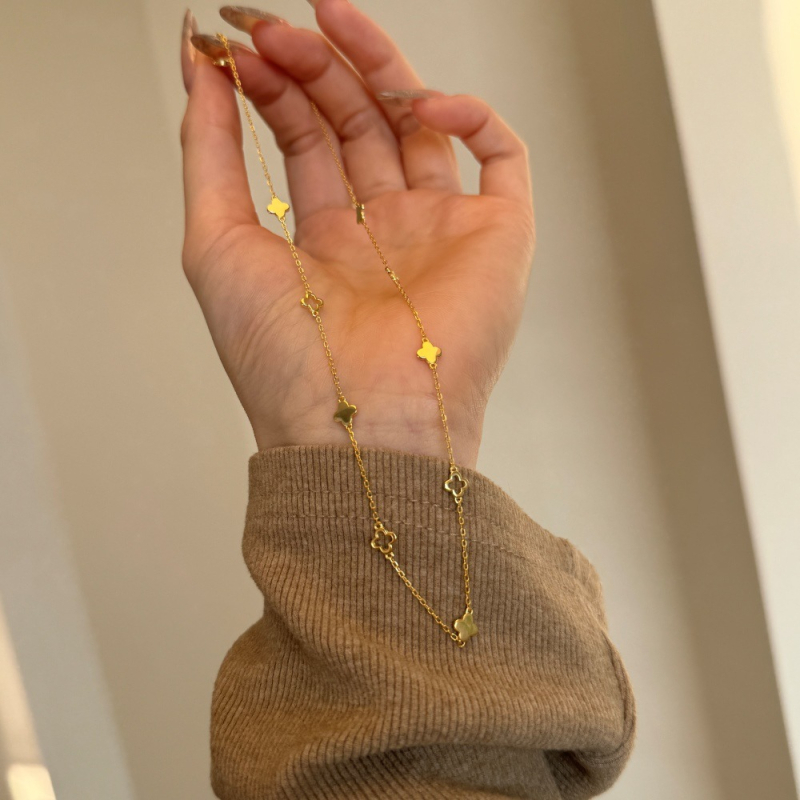 Colier din argint S925 cu trifoi cu patru foi decupat, finisaj lucios, lanț în formă de O