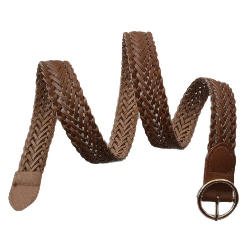 Centură împletită pentru rochie, cataramă rotundă cu știft, stil retro coreean, PU material, cataramă din aliaj de aluminiu, lățime 2-4 cm, placare electrolitică și tricot manual