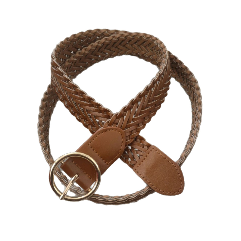 Centură împletită pentru rochie, cataramă rotundă cu știft, stil retro coreean, PU material, cataramă din aliaj de aluminiu, lățime 2-4 cm, placare electrolitică și tricot manual