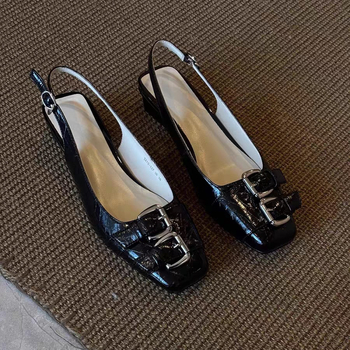 Naiste prantsuse stiilis ruudu ninaga sandaalid, klipsiga, avatud kannaga, paks kand 3–6 cm, kummist tald, ülemine materjal: Super Fiber