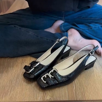 Naiste prantsuse stiilis ruudu ninaga sandaalid, klipsiga, avatud kannaga, paks kand 3–6 cm, kummist tald, ülemine materjal: Super Fiber