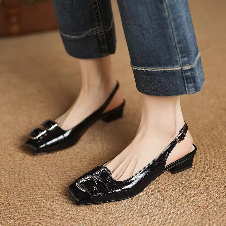 Naiste prantsuse stiilis ruudu ninaga sandaalid, klipsiga, avatud kannaga, paks kand 3–6 cm, kummist tald, ülemine materjal: Super Fiber