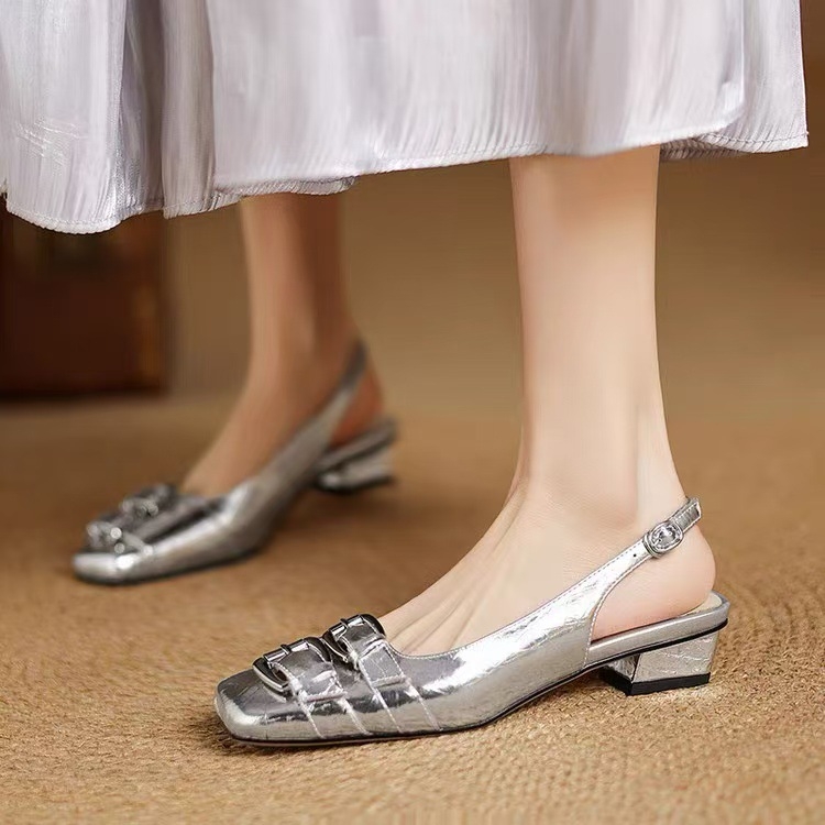 Naiste prantsuse stiilis ruudu ninaga sandaalid, klipsiga, avatud kannaga, paks kand 3–6 cm, kummist tald, ülemine materjal: Super Fiber