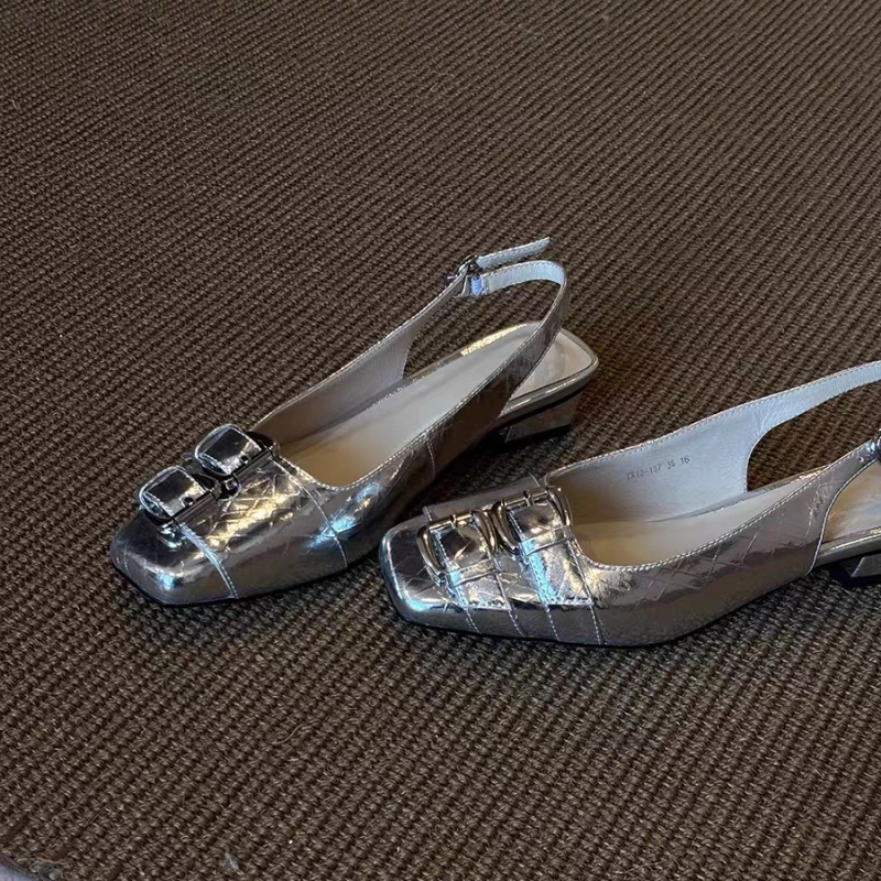 Naiste prantsuse stiilis ruudu ninaga sandaalid, klipsiga, avatud kannaga, paks kand 3–6 cm, kummist tald, ülemine materjal: Super Fiber