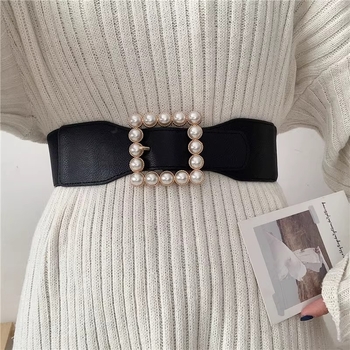 Brățară în stil european și american cu perle, talie elastică și cataramă decorativă; piele artificială, cataramă din aliaj, închidere cu știft, lățime peste 4 cm, origine Jinhua