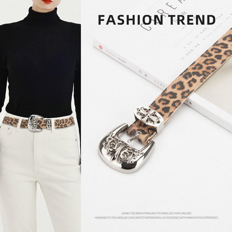 Centură de talie din piele naturală, imprimeu leopard, piele de vițel dublu strat, cataramă din aliaj, închidere cu pin, finisaj electroplatinat