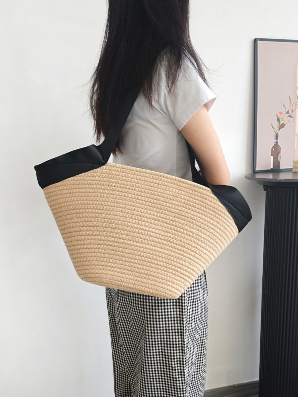 Geantă Tote Milia din sfoară de bumbac, stil Ins, minimalism urban, fără căptușeală, formă orizontală pătrată, cataramă H