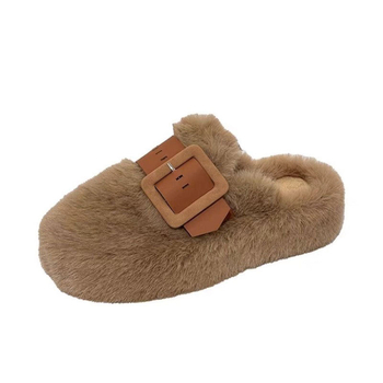 Női vastag talpú papucs, felső rész műplüss, belső műszőr, gumitalp, övcsattal ellátott dizájn, téli 2025