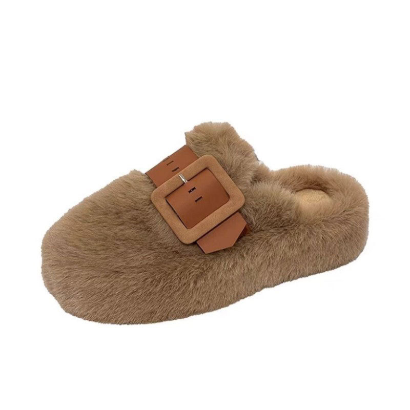 Női vastag talpú papucs, felső rész műplüss, belső műszőr, gumitalp, övcsattal ellátott dizájn, téli 2025