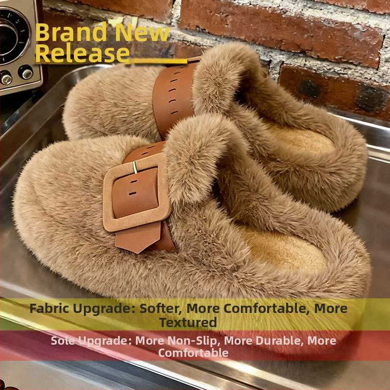 Női vastag talpú papucs, felső rész műplüss, belső műszőr, gumitalp, övcsattal ellátott dizájn, téli 2025