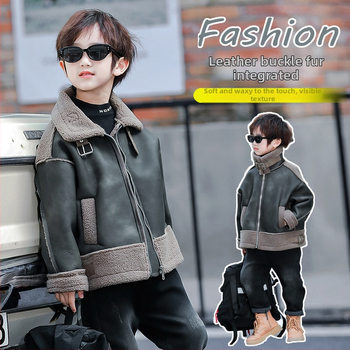 Zēniem PU ādas jaka ar flīsa odai, rāvējslēdzējs, rudens sezonai