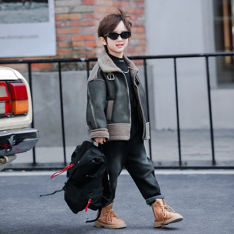 Zēniem PU ādas jaka ar flīsa odai, rāvējslēdzējs, rudens sezonai