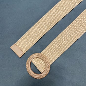 Pojas za haljinu od pamuk-lin materijala, elastičan pleteni dizajn, okrugla plastična kopča, dekorativni dodatak