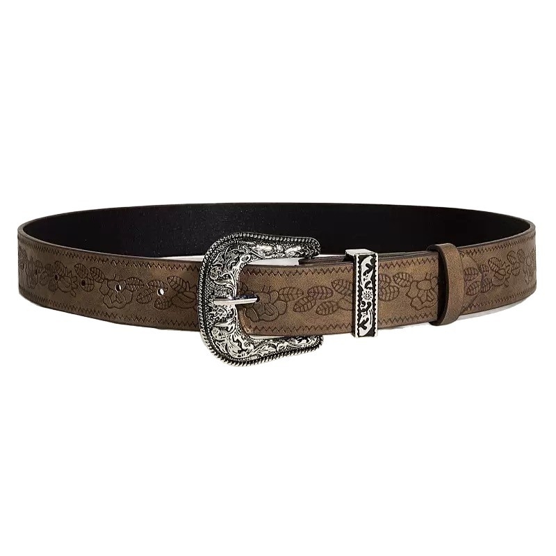 Ženski PU pojas u retro euro-američkom stilu, smeđa tekstura s otiskom, kopča s iglom, širina 3,3 cm, duljina 102 cm