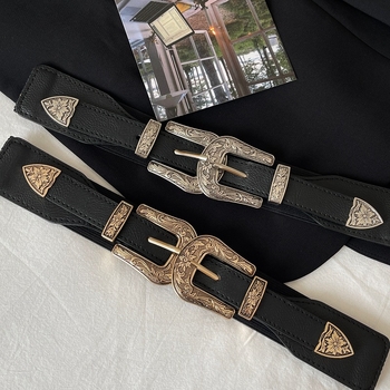 Női elasztikus derekú öv kettős fejű gravírozott csattal, műbőr, ruhákhoz és kabátokhoz, egész évben