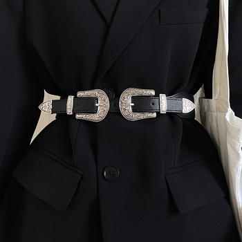Női elasztikus derekú öv kettős fejű gravírozott csattal, műbőr, ruhákhoz és kabátokhoz, egész évben