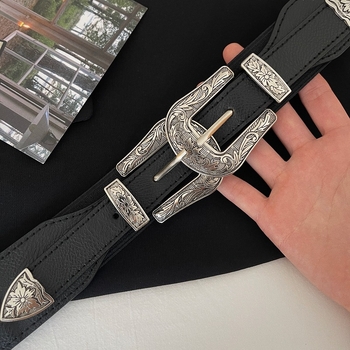 Női elasztikus derekú öv kettős fejű gravírozott csattal, műbőr, ruhákhoz és kabátokhoz, egész évben