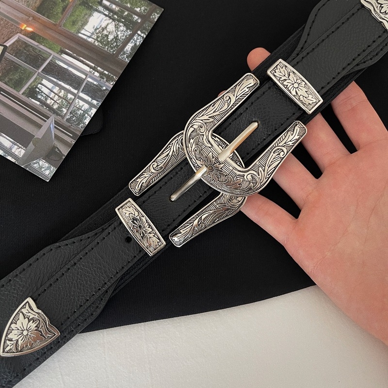 Női elasztikus derekú öv kettős fejű gravírozott csattal, műbőr, ruhákhoz és kabátokhoz, egész évben