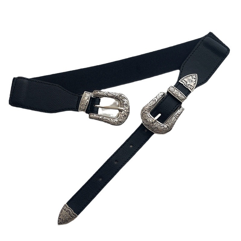 Női elasztikus derekú öv kettős fejű gravírozott csattal, műbőr, ruhákhoz és kabátokhoz, egész évben