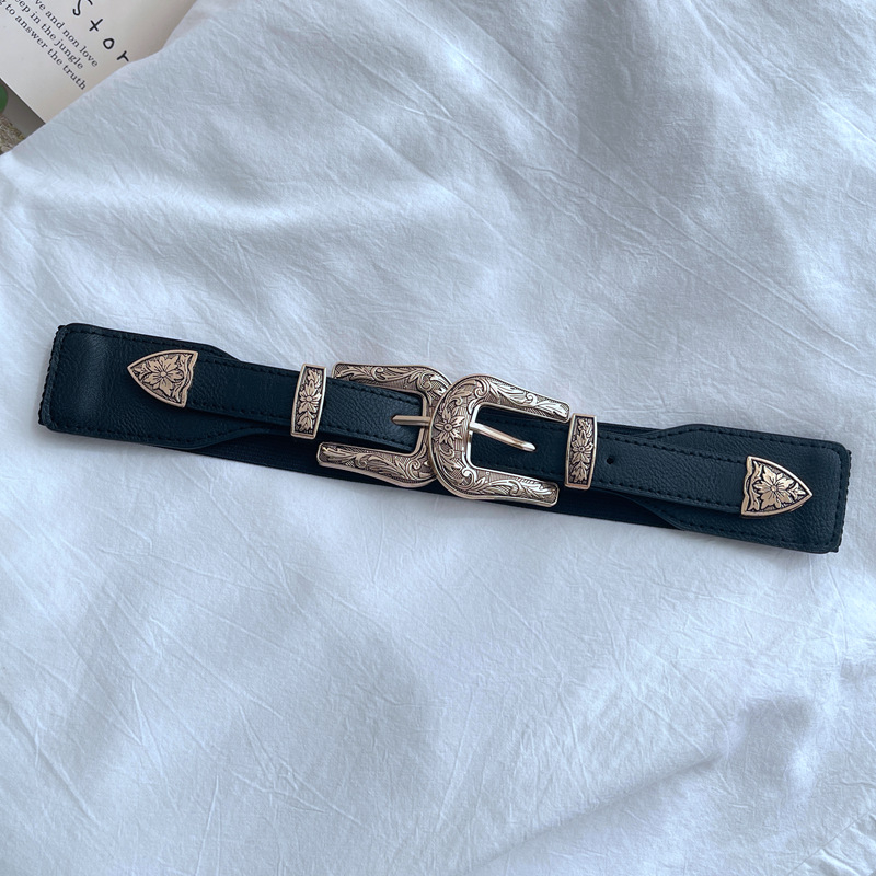 Női elasztikus derekú öv kettős fejű gravírozott csattal, műbőr, ruhákhoz és kabátokhoz, egész évben