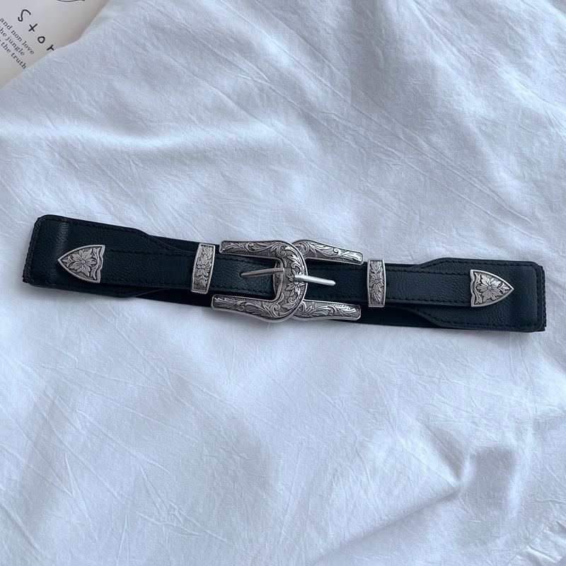 Női elasztikus derekú öv kettős fejű gravírozott csattal, műbőr, ruhákhoz és kabátokhoz, egész évben