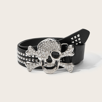 Curea de piele cu design craniu, piele PU, cataramă din aliaj, închidere cu nasture snap, stil punk/hip-hop, Model 1642