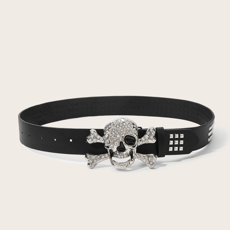 Curea de piele cu design craniu, piele PU, cataramă din aliaj, închidere cu nasture snap, stil punk/hip-hop, Model 1642