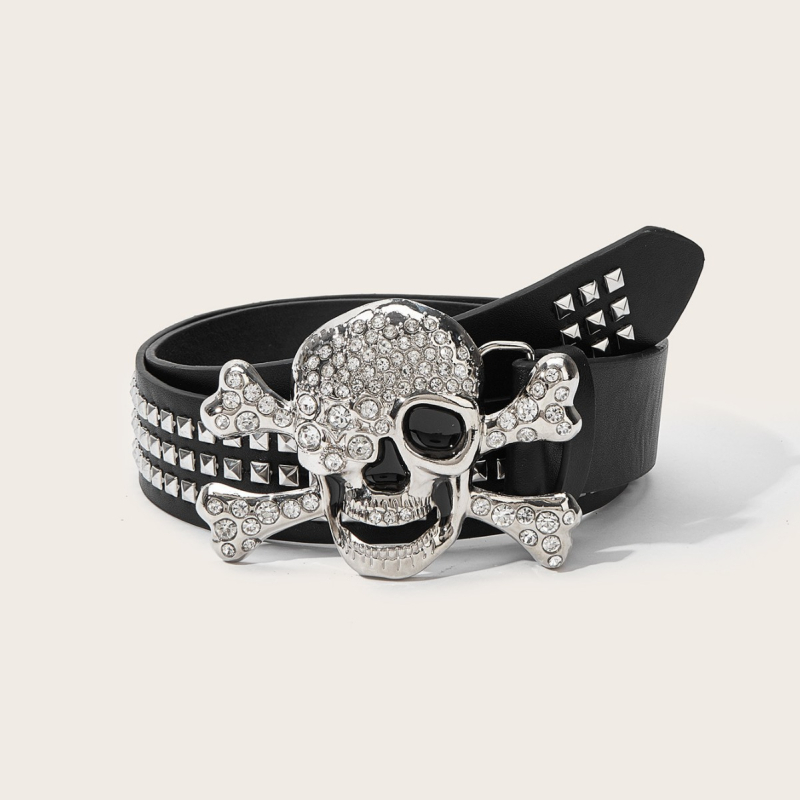 Curea de piele cu design craniu, piele PU, cataramă din aliaj, închidere cu nasture snap, stil punk/hip-hop, Model 1642