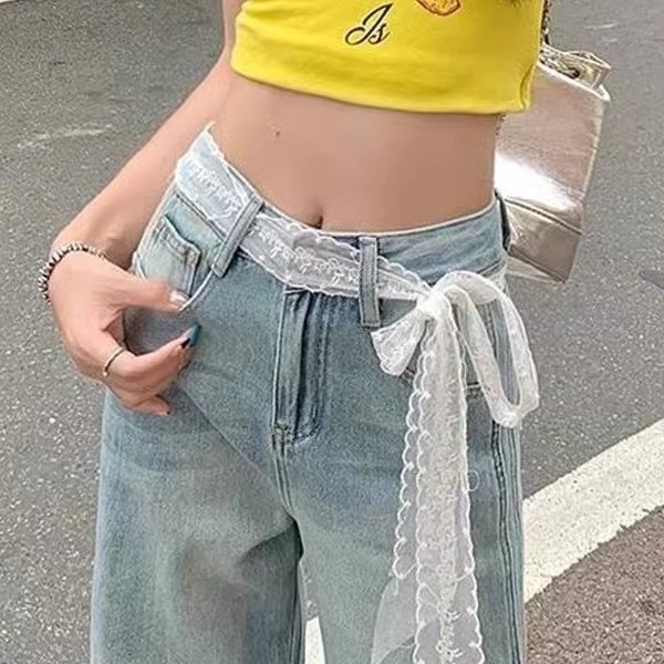 Curea cu funda din dantelă cu flori pentru femei, material textil, închidere cu cârlig, stil dulce