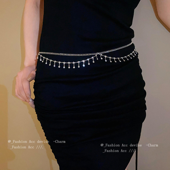 Lanț talie cu ciucuri, design metal dublu strat, stil vânt rece; material: metal; cercuri curelei: multiple; lungime: 80–100 cm; lățime: 4,4 cm