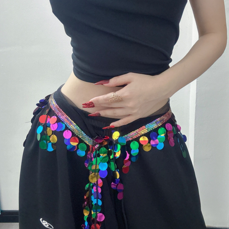 Pojas za struk s kristalnim šljokicama i resicama za jazz/K-pop/hip-hop ples – unisex, odrasli, tkanina, proljeće 2025