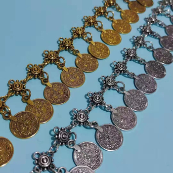 Ζώνη μέσης με στρογυλά κρεμαστά νομίσματα, μέταλλο, εθνοτικό στυλ, μήκος 105 cm