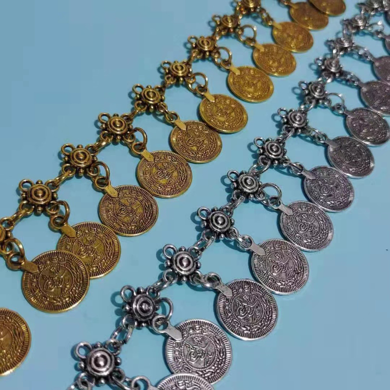 Ζώνη μέσης με στρογυλά κρεμαστά νομίσματα, μέταλλο, εθνοτικό στυλ, μήκος 105 cm