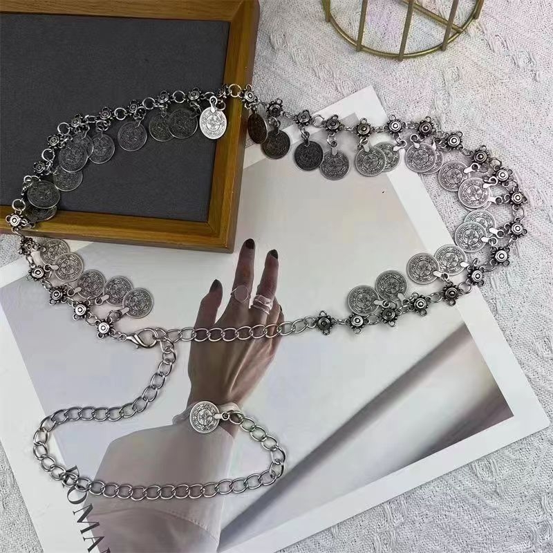 Ζώνη μέσης με στρογυλά κρεμαστά νομίσματα, μέταλλο, εθνοτικό στυλ, μήκος 105 cm